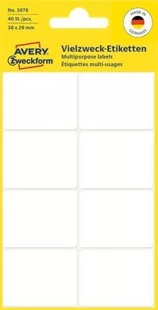Etikett, 38x29 mm, kézzel írható, lekerekített sarkú, AVERY ZWECKFORM, 40 etikett/csomag (AY3078)