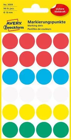 Etikett, 18 mm, kör, AVERY ZWECKFORM, 5 különböző szín, 96 etikett/csomag (AY3089)