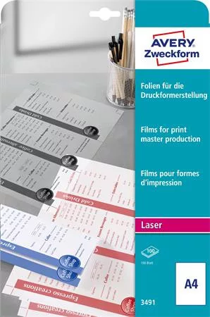 Fólia, matt, nyomólemezhez, A4, lézernyomtatóba, AVERY ZWECKFORM (AY3491)