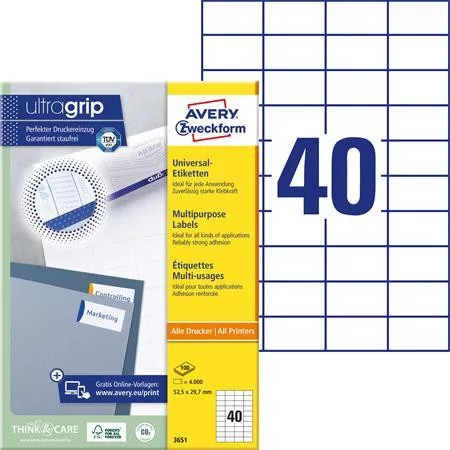 Etikett, univerzális, 52,5x29,7 mm, AVERY ZWECKFORM, 4000 etikett/csomag (AY3651)