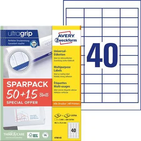 Etikett, univerzális, 48,5x25,4 mm, AVERY ZWECKFORM, Sparpack, 2600 etikett/csomag (AY478065)