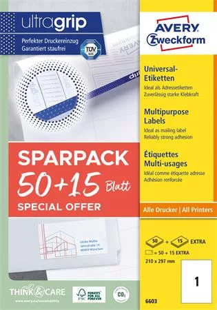 Etikett, univerzális, 210x297 mm, AVERY ZWECKFORM, Sparpack, 65 etikett/csomag (AY6603)
