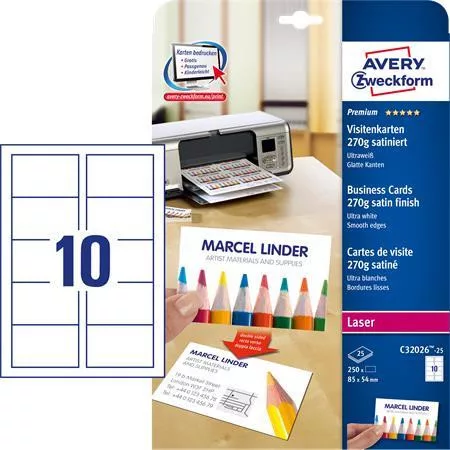 Névjegykártya, 85x54 mm, 270 g, mikroperforált,  AVERY ZWECKFORM, 250 db/csomag (AYC3202625)
