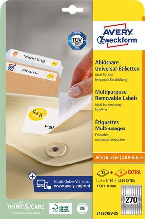 Etikett, univerzális, eltávolítható, 17,8x10 mm, AVERY ZWECKFORM, 8100 etikett/csomag (AYL4730REV25)