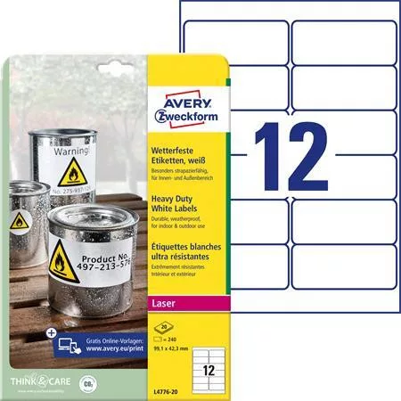 Etikett, 99,1x42,3 mm, poliészter, időjárásálló, AVERY ZWECKFORM, fehér, 240 etikett/csomag (AYL477620)
