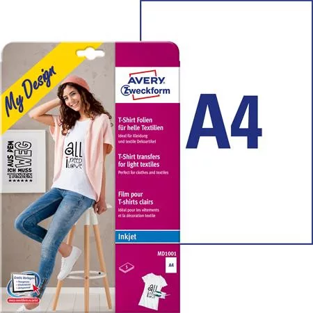 Fólia, vasalható, A4, tintasugaras nyomtatóba, világos textilhez, AVERY ZWECKFORM (AYMD1001)