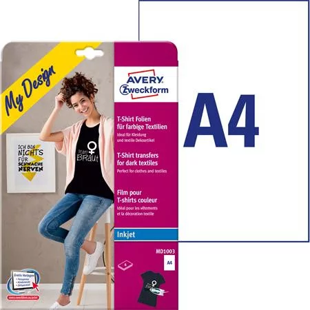 Fólia, vasalható, A4, tintasugaras nyomtatóba, sötét és színes textilhez, AVERY ZWECKFORM (AYMD1003)