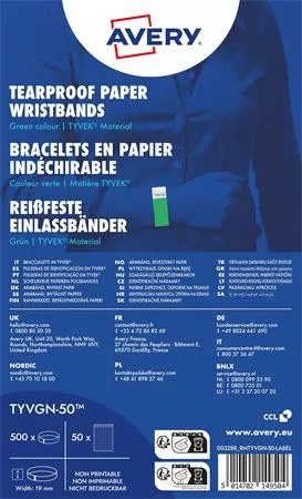 Karszalag, szakadásbiztos, 265x19 mm,  AVERY ZWECKFORM Tyvek, zöld (AYTYVGN50)
