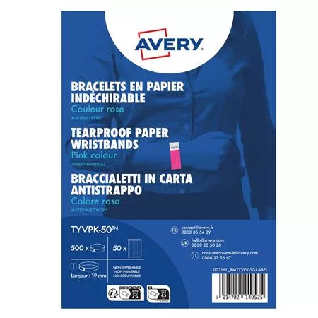 Karszalag, szakadásbiztos, 265x19 mm, AVERY ZWECKFORM Tyvek, rózsaszín (AYTYVPK50)
