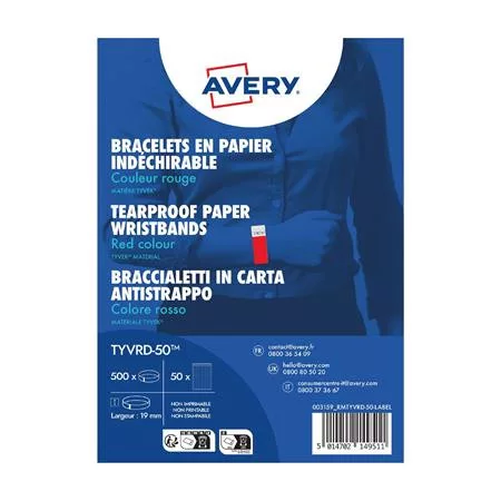 Karszalag, szakadásbiztos, 265x19 mm, AVERY ZWECKFORM Tyvek, piros (AYTYVRD50)
