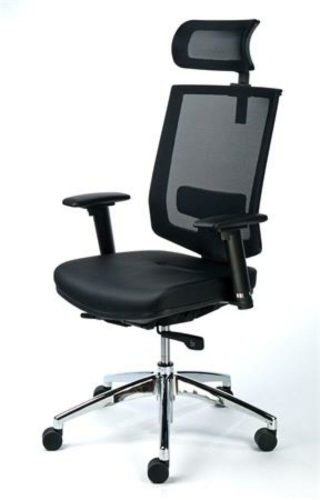 Exkluzív fejtámaszos irodai szék, fekete bőrborítás, feszített hálós háttámla, alumínium lábkereszt, MAYAH Maxy (BBSZVV37)
