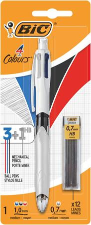 Golyóstoll, háromszínű, nyomósirónnal egyben, BIC 4 Colours + grafitbél (BC942103)
