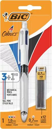 Golyóstoll, háromszínű, nyomósirónnal egyben, BIC 4 Colours + grafitbél (BC942103)