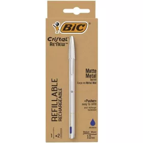   Golyóstoll, 0,32 mm, kupakos, matt ezüst színű tolltest, BIC Cristal Re'New, kék + betét (BC997202)