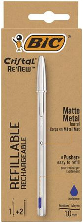 Golyóstoll 0,32 mm, kupakos, matt ezüst színű tolltest, BIC Cristal Re'New, kék + betét (BC997202)