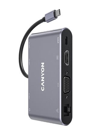 USB elosztó-HUB, USB-C/USB 3.0/HDMI/VGA/Ethernet/audio, CANYON DS-14 (CATDS14)