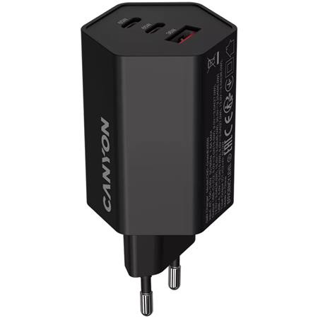 Hálózati töltő, 1xUSB-A, 2xUSB-C, 65W, CANYON Hexagon 65, fekete (CATHX65B)