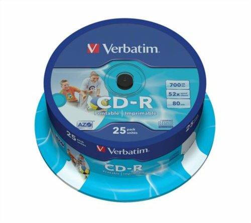 CD-R lemez, nyomtatható, matt, ID, AZO, 700MB, 52x, 25 db, hengeren, VERBATIM (CDV7052B25N)