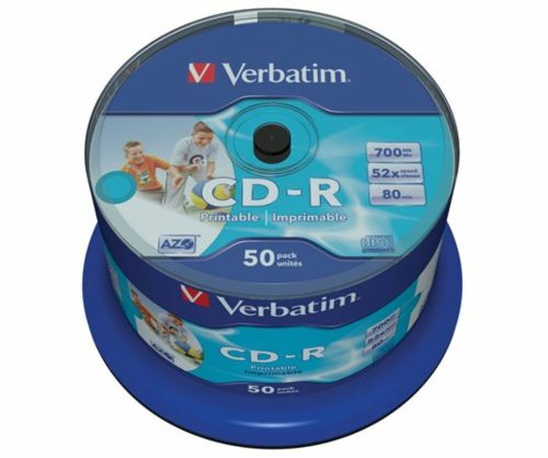 CD-R lemez, nyomtatható, matt, no-ID, AZO, 700MB, 52x, 50 db, hengeren, VERBATIM (CDV7052B50N)