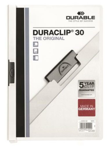 Gyorsfűző, klipes, A4, DURABLE DURACLIP® 30, fehér (DB220002)