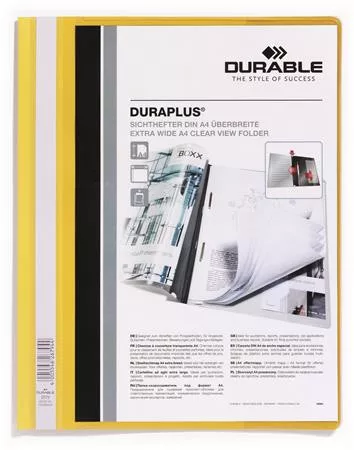 Gyorsfűző, A4, széles, panorámás, DURABLE DURAPLUS&reg;, sárga (DB257904)