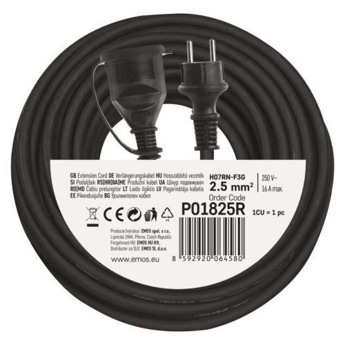 Emos lengőkábel 25 m / 1 aljzat / IP44 / fekete / gumi-neoprén / 250 V / 2,5 mm2