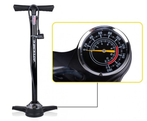 DUNLOP álló nyomásmérős kerékpár pumpa, max 12 bar, Presta- DUNLOP és Schrader