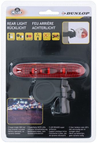 DUNLOP kerékpár hátsó lámpa 5 LED, 3 funkciós, 2xAAA (nem tartozék)