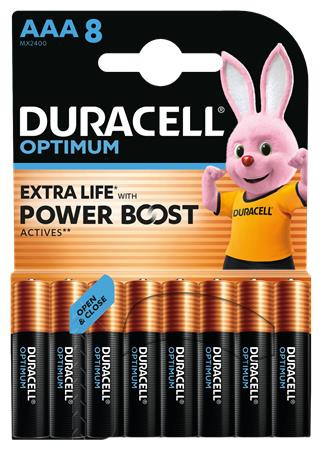 Elem, AAA mikro, 8 db, műanyagmentes, DURACELL Optimum (DUELAAA8OR)