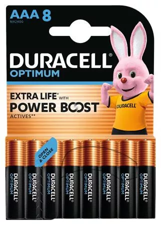 Elem, AAA mikro, 8 db, műanyagmentes, DURACELL Optimum (DUELAAA8OR)