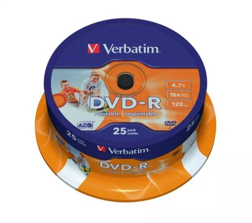 DVD-R lemez, nyomtatható, matt, ID, 4,7GB, 16x, 25 db, hengeren, VERBATIM (DVDV-16B25PP)