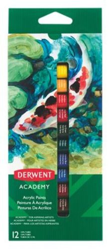 Akrilfesték, 12 ml, DERWENT Academy, 12 különböző szín (E2302401)