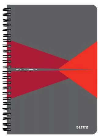 Spirálfüzet, A5, kockás, 90 lap, laminált karton borító, LEITZ Office, szürke-piros (E44580025)
