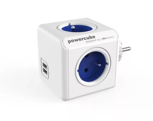 Elosztó, 4 aljzat, 2 USB csatlakozó, ALLOCACOC PowerCube Original USB DE, fehér-kék (ELA1202BK)
