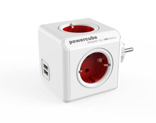 Elosztó, 4 aljzat, 2 USB csatlakozó, ALLOCACOC PowerCube Original USB DE, fehér-piros (ELA1202FP)