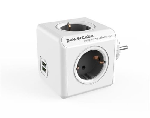 Elosztó, 4 aljzat, 2 USB csatlakozó, ALLOCACOC PowerCube Original USB DE, fehér-szürke (ELA1202FSZ)