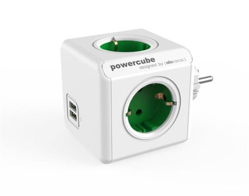 Elosztó, 4 aljzat, 2 USB csatlakozó, ALLOCACOC PowerCube Original USB DE, fehér-zöld (ELA1202FZ)