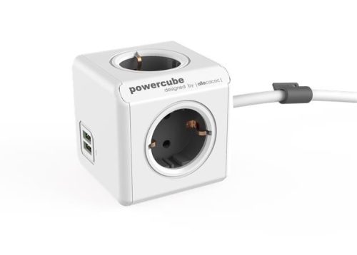 Elosztó, 4 aljzat, 2 USB csatlakozó, 1,5 m kábelhosszúság, ALLOCACOC PowerCube Extended USB DE, fehér-szürke (ELA1402FSZ)