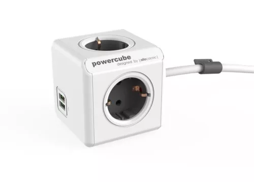 Elosztó, 4 aljzat, 2 USB csatlakozó, 1,5 m kábelhosszúság, ALLOCACOC PowerCube Extended USB DE, fehér-szürke (ELA1402FSZ)