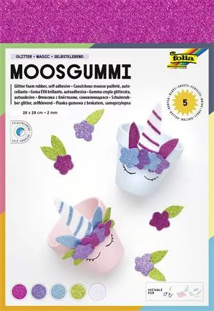 Moosgumi, öntapadó, csillámos, 20x29 cm, 5 lap, FOLIA Magic, 5 különböző szín (FL231909)