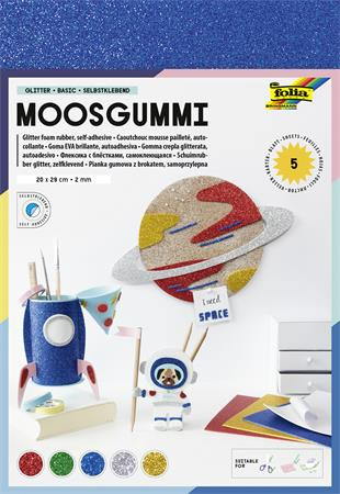 Moosgumi, öntapadó, csillámos, 20x29 cm, 5 lap, FOLIA Basic, 5 különböző szín (FL231919)