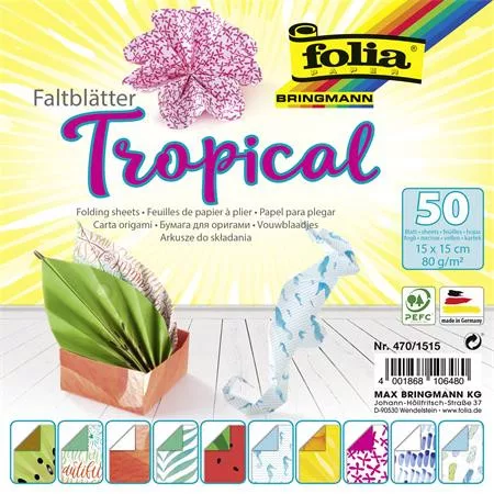 Origami papír, 15x15 cm, 80 g, 50 lap, FOLIA Tropical, 10 különböző minta (FL4701515)