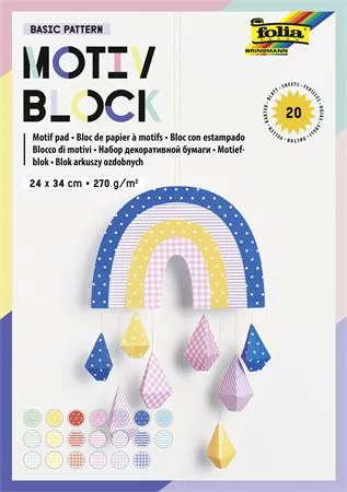 Dekorkarton, 2 oldalas, 24x34 cm, 270 g, 20 lap, FOLIA Basic Rainbow, 20 különböző minta (FL48249)