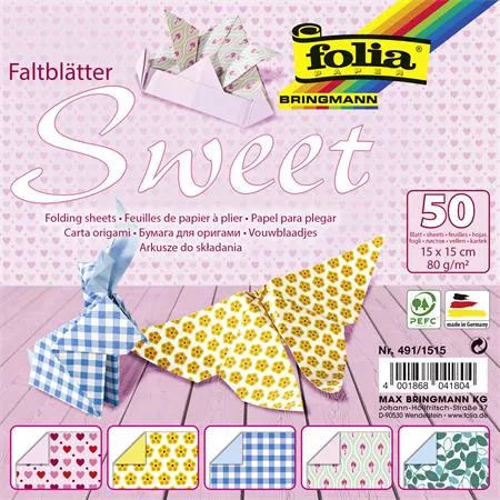 Origami papír, 15x15 cm, 80 g, 50 lap, FOLIA Sweet, 5 különböző minta (FL4911515)
