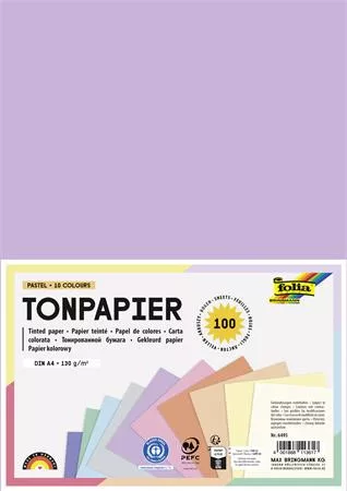 Színes papír, A4, 130 g, 10x10 lap, FOLIA, „Pastel”, vegyes színek (FL6495)
