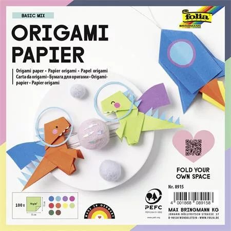 Origami papír, 15x15 cm, 70 g, 100 lap, FOLIA, vegyes színek (FL8915)