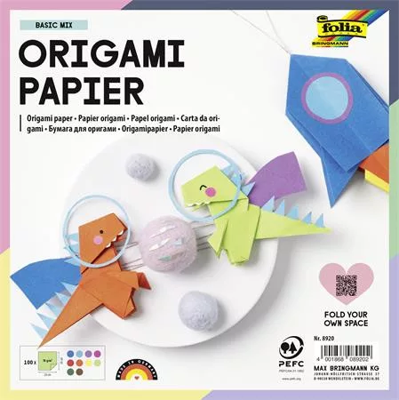 Origami papír, 20x20 cm, 70 g, 100 lap, FOLIA, vegyes színek (FL8920)