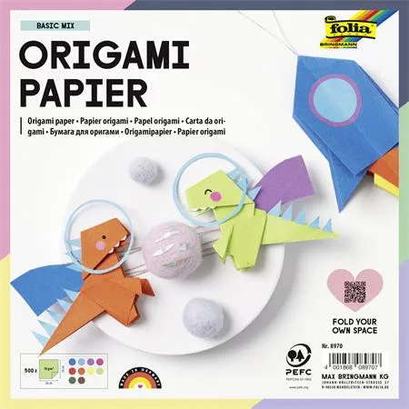 Origami papír, 20x20 cm, 70 g, 500 lap, FOLIA, vegyes színek (FL8970)