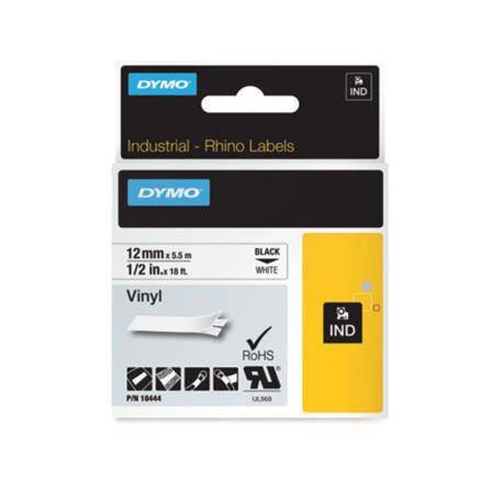 Feliratozógép szalag, vinil, 12 mm x 5,5 m, DYMO Rhino, fehér-fekete (GD18444)