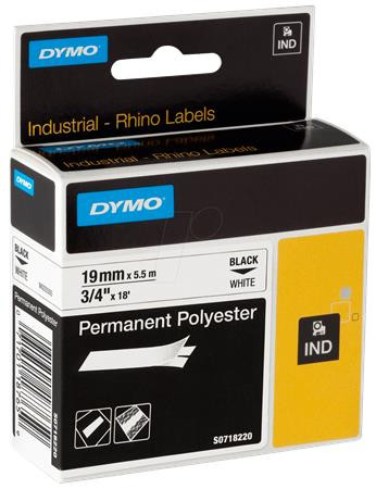Feliratozógép szalag, tartós poliészter, 19 mm x 5,5 m, DYMO Rhino, fehér-fekete (GD18765)